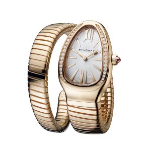 Bulgari Serpenti Tubogas 35 mm caja y brazalete de una vuelta en oro rosa de 18 qt esfera plateada opalescente corona en oro rosa de 18 qt con diamantes